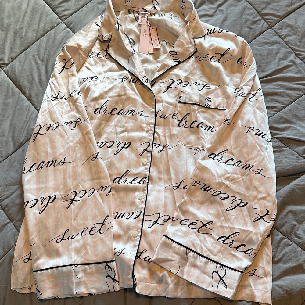 Victoria's Secret White/pink and Black Script Pajama Top
